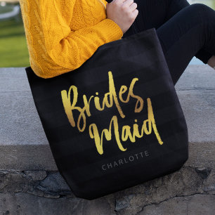 Black Stripes Faux Gold Brush Script Bruidsmeisje Tote Bag