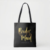 Black Stripes Faux Gold Brush Script Bruidsmeisje Tote Bag (Voorkant)