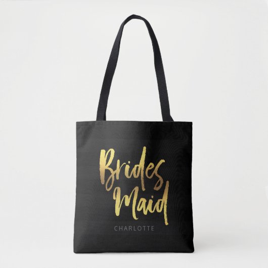Black Stripes Faux Gold Brush Script Bruidsmeisje Tote Bag (Voorkant)