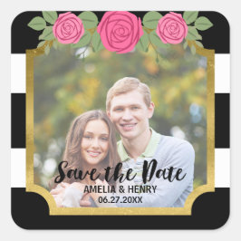 Black Stripes Faux Gold Floral Save the Date Photo Vierkante Sticker