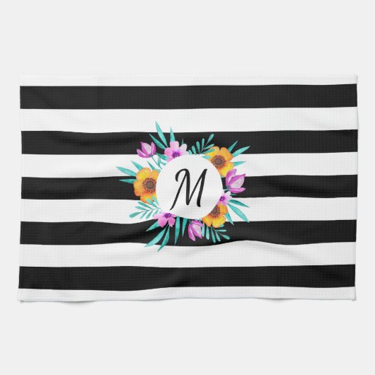 Black Stripes Floral Wreath Personalized Initiaal Theedoek (Horizontaal)