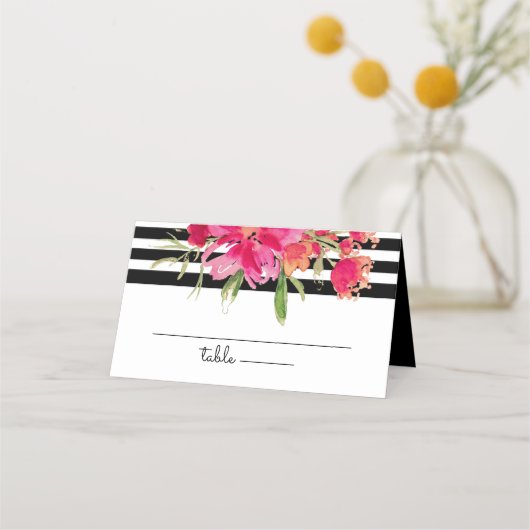 Black Stripes | Fuchsia Flowers Wedding Plaatskaartje (Voorkant)