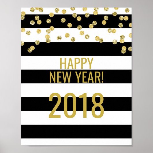 Black Stripes Gold Confetti Happy Nieuwjaar 2018 Poster (Voorkant)