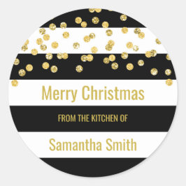 Black Stripes Gold Confetti Kerstbakken Ronde Sticker