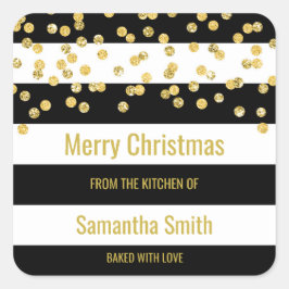 Black Stripes Gold Confetti Kerstbakken Vierkante Sticker