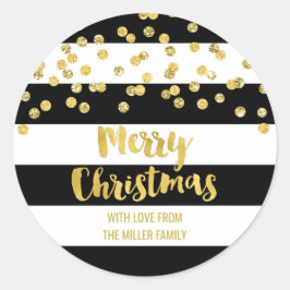 Black Stripes Gold Confetti Merry Christmas Custom Ronde Sticker