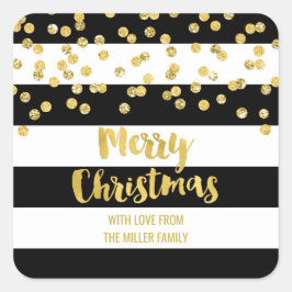 Black Stripes Gold Confetti Merry Christmas Custom Vierkante Sticker