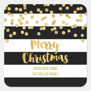 Black Stripes Gold Confetti Merry Christmas Custom Vierkante Sticker