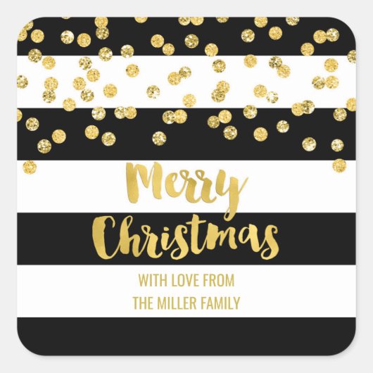 Black Stripes Gold Confetti Merry Christmas Custom Vierkante Sticker (Voorkant)