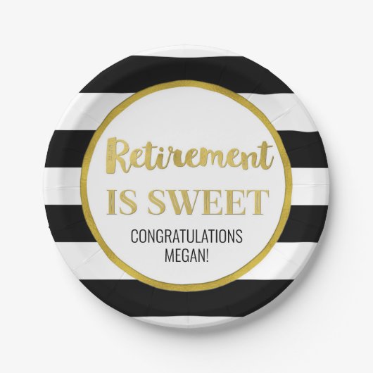 Black Stripes Gold Confetti Retirement is Sweet Papieren Bordje (Voorkant)