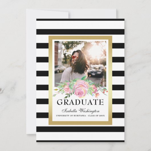 Black Stripes Gold Floral Gradual Party Foto Kaart (Voorkant)