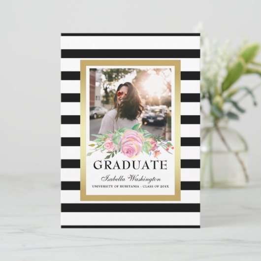 Black Stripes Gold Floral Gradual Party Foto Kaart (Staand voorkant)