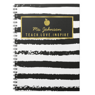 Black Stripes Gold Foil Apple Naam leraar Notitieboek