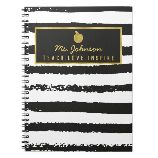 Black Stripes Gold Foil Apple | Naam leraar Notitieboek (Voorkant)