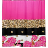 Black Stripes Gold Glitter Polka Dots roze Roses Douchegordijn (Voorkant)