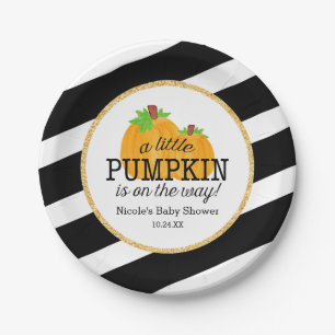 Black Stripes Gold Little Pumpkin Herfst Baby show Papieren Bordje