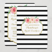 Black Stripes Gold Pink Floral Bridal Lunch Kaart (Voorkant / Achterkant)