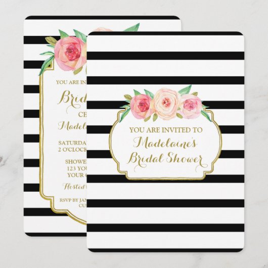 Black Stripes Gold Pink Floral Vrijgezellenfeest Kaart (Voorkant / Achterkant)