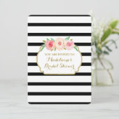 Black Stripes Gold Pink Floral Vrijgezellenfeest Kaart (Staand voorkant)