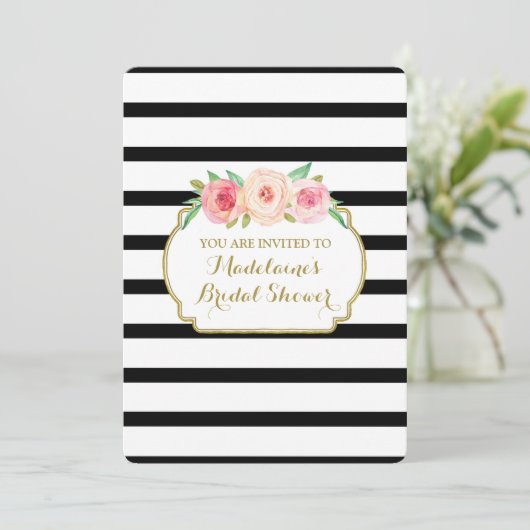 Black Stripes Gold Pink Floral Vrijgezellenfeest Kaart (Staand voorkant)