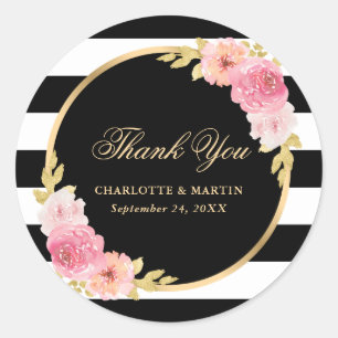 Black Stripes Gold Pink Floral Weddenschap Harteli Ronde Sticker