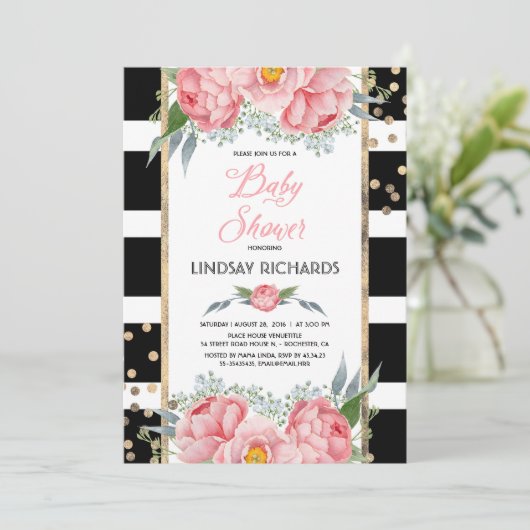 Black Stripes Goud en Roze Bloemen Baby shower Kaart (Staand voorkant)
