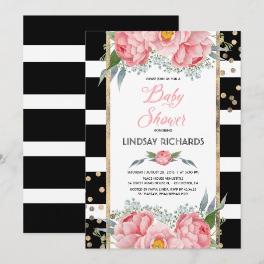 Black Stripes Goud en Roze Bloemen Baby shower Kaart (Voorkant / Achterkant)
