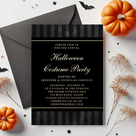 Black Stripes Halloween Costume Party Gold Folie Uitnodiging