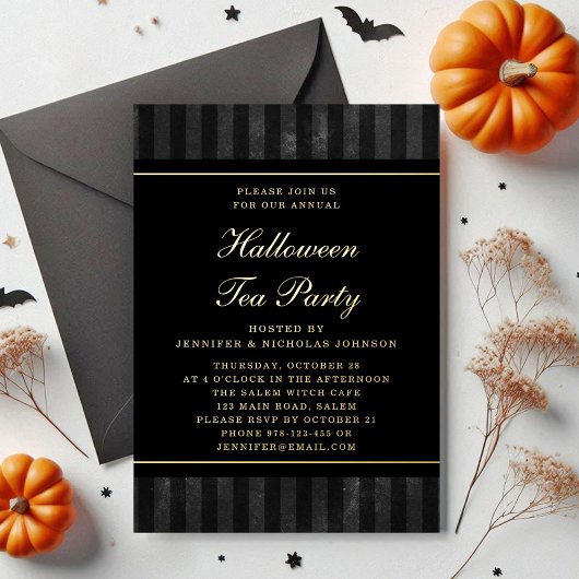 Black Stripes Halloween Tea Party Gold Folie Uitnodiging