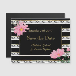 Black Stripes Kant en Roze Daisies Bewaar de datum Magnetische Uitnodiging