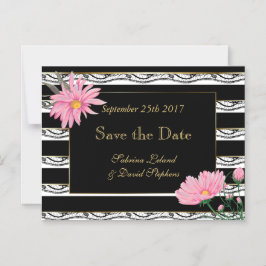 Black Stripes Kant en Roze Daisies Bewaar de datum Magnetische Uitnodiging