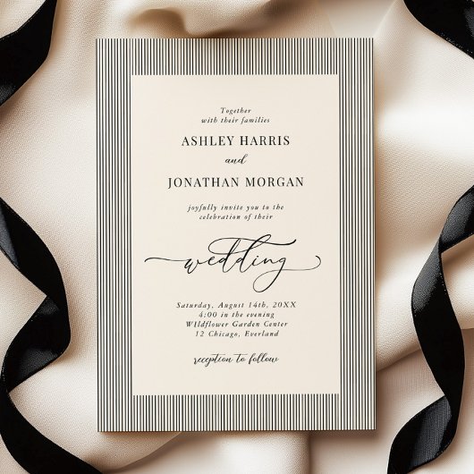 Black Stripes Old Money Wedding Invitation Kaart