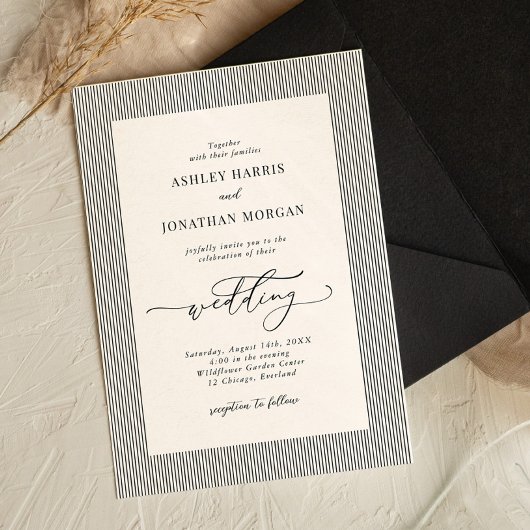 Black Stripes Old Money Wedding Invitation Kaart