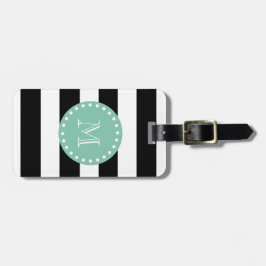Black Stripes Pattern, Mint Green Monogram Bagagelabel