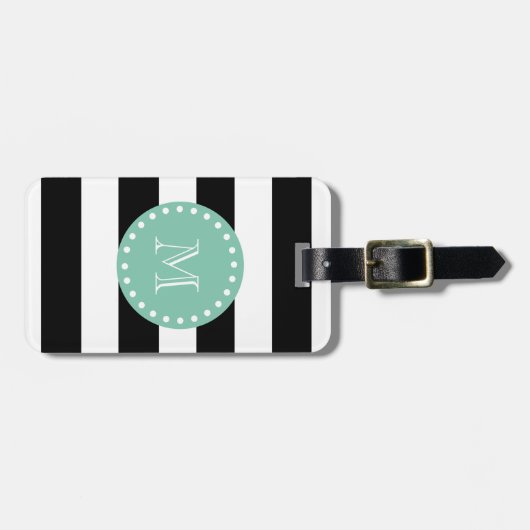 Black Stripes Pattern, Mint Green Monogram Bagagelabel (Voorkant horizontaal)