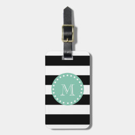 Black Stripes Pattern, Mint Green Monogram Bagagelabel