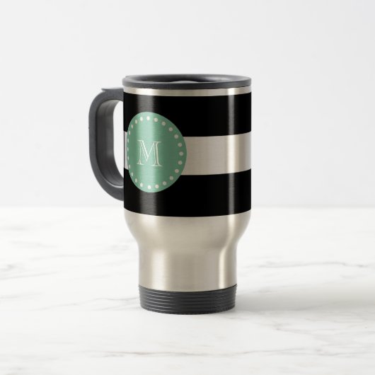 Black Stripes Pattern, Mint Green Monogram Reisbeker (Voorkant links)