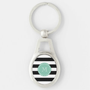Black Stripes Pattern, Mint Green Monogram Sleutelhanger
