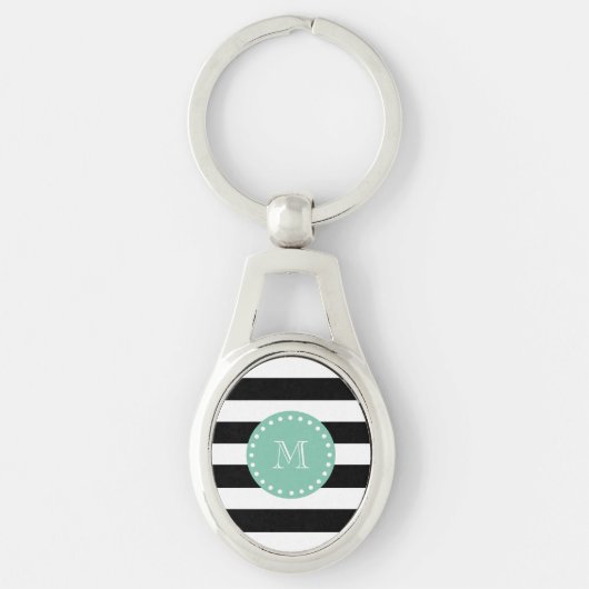 Black Stripes Pattern, Mint Green Monogram Sleutelhanger (Voorkant)