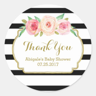Black Stripes Pink Floral Baby shower Favor Tags Ronde Sticker