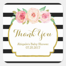 Black Stripes Pink Floral Baby shower Favor Tags Vierkante Sticker