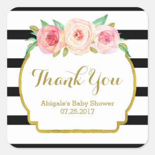 Black Stripes Pink Floral Baby shower Favor Tags Vierkante Sticker
