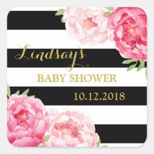 Black Stripes Pink Floral Baby shower Favor Tags Vierkante Sticker
