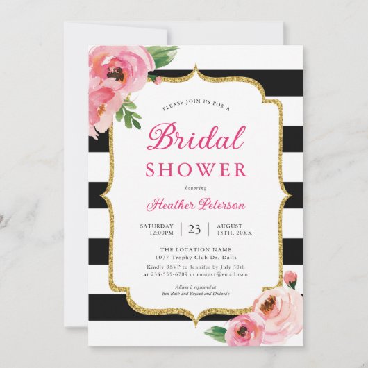 Black Stripes Pink Floral Bridal Shower Kaart (Voorkant)