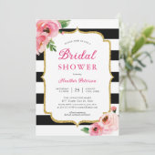Black Stripes Pink Floral Bridal Shower Kaart (Staand voorkant)