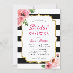 Black Stripes Pink Floral Bridal Shower Kaart