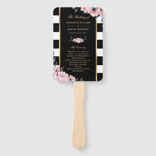 Black Stripes Pink Floral Wedding Programme Handwaaier (Voorkant)