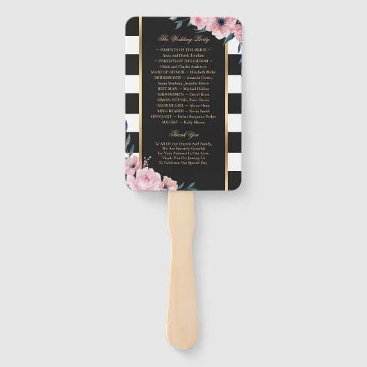 Black Stripes Pink Floral Wedding Programme Handwaaier (Achterkant)