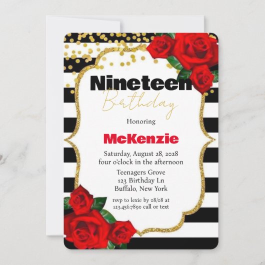 Black Stripes Red Rose Girl 19e verjaardag Kaart (Voorkant)