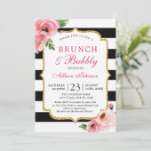 Black Stripes Roze Bloemen Brunch en Bubbly Kaart (Staand voorkant)